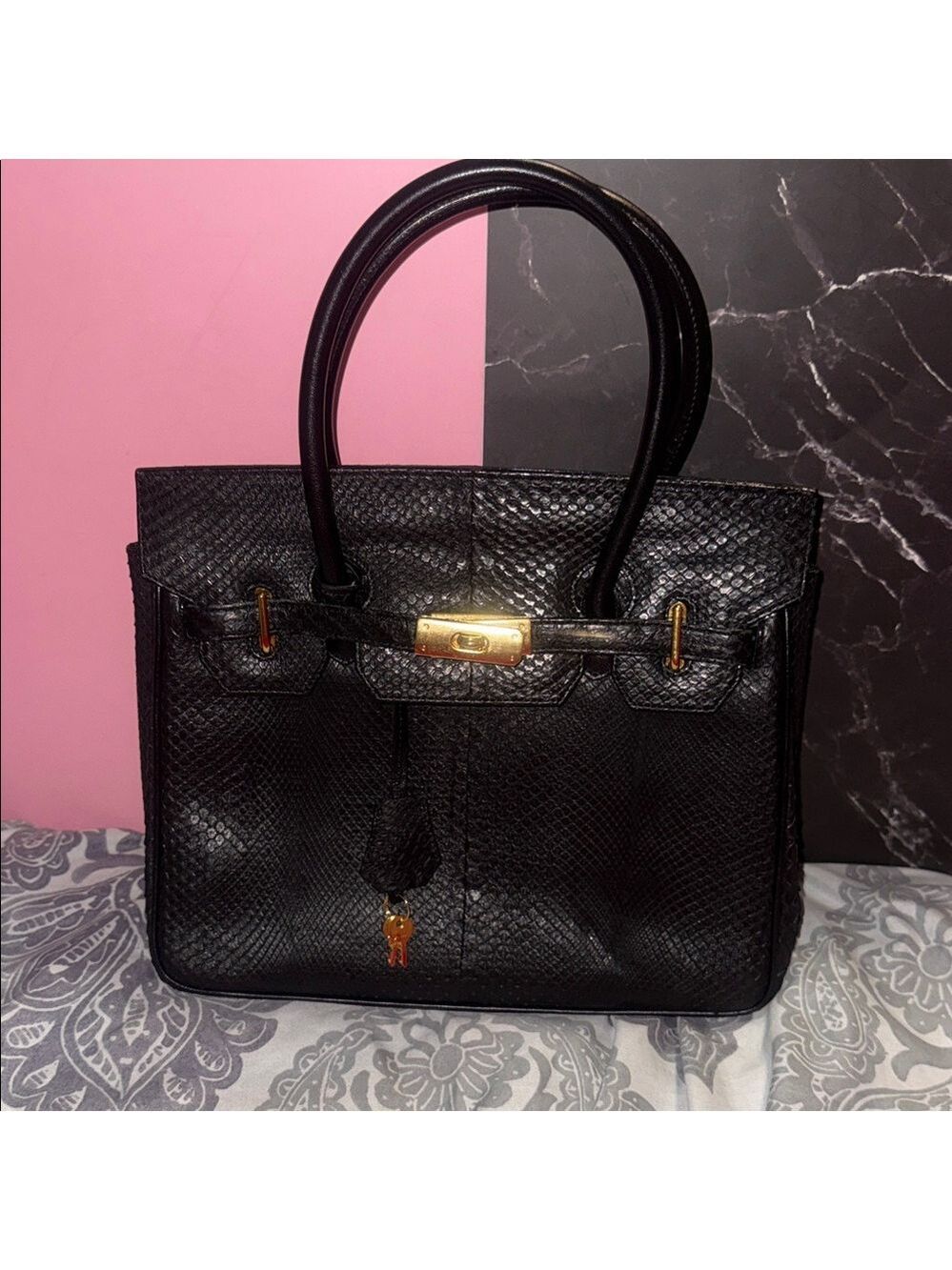 Structured Black Leather Satchel with Gold-Tone Hardware snake skin - Picture 3 of 16